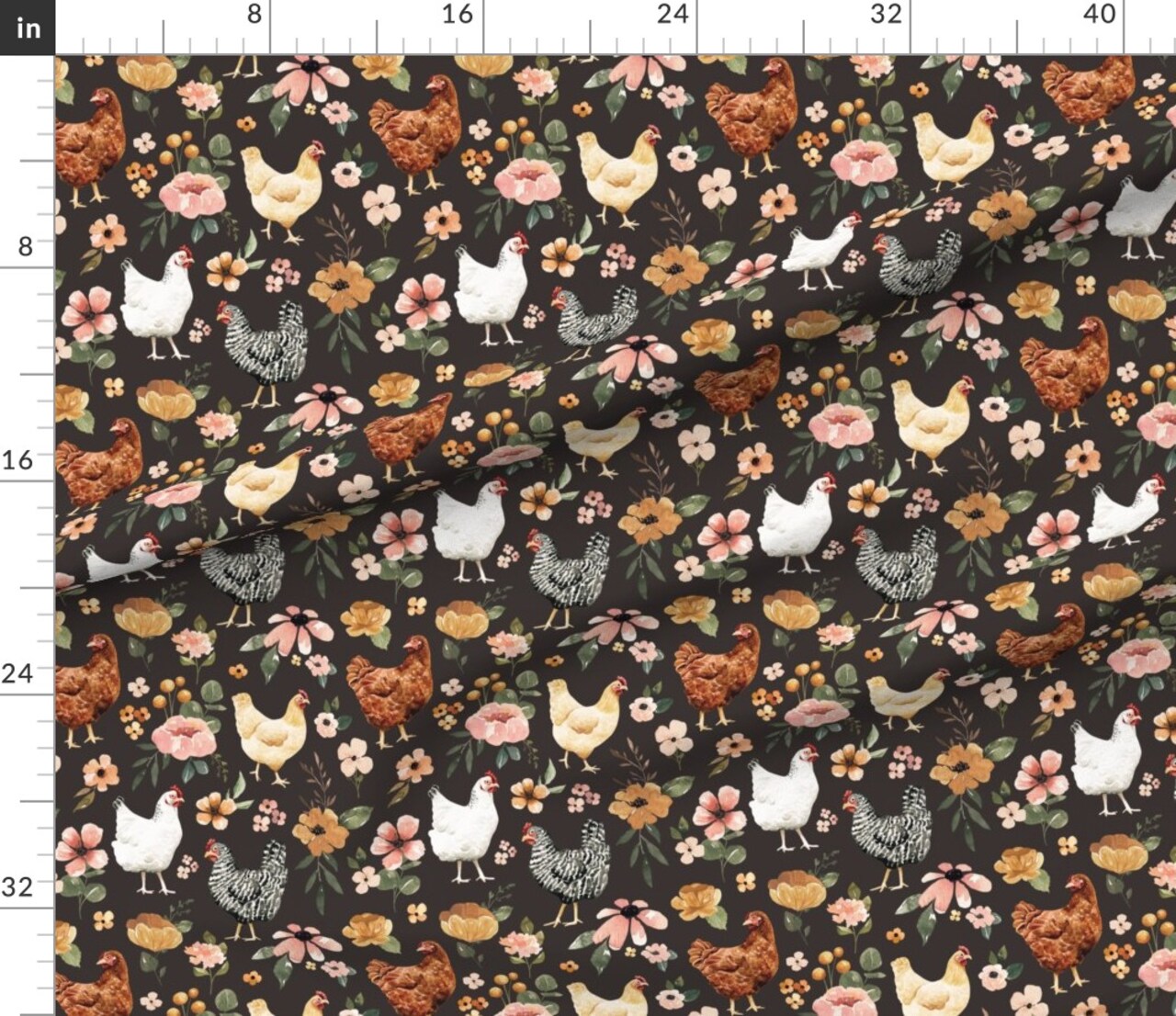 Farmhouse Chickens Hens Watercolor Peony Pink Floral Farm Animals Wildflowers Vintage Charcoal Gray Custom Printed Fabric by Spoonflower Various Fabrics by the Yard or Fat Quarter